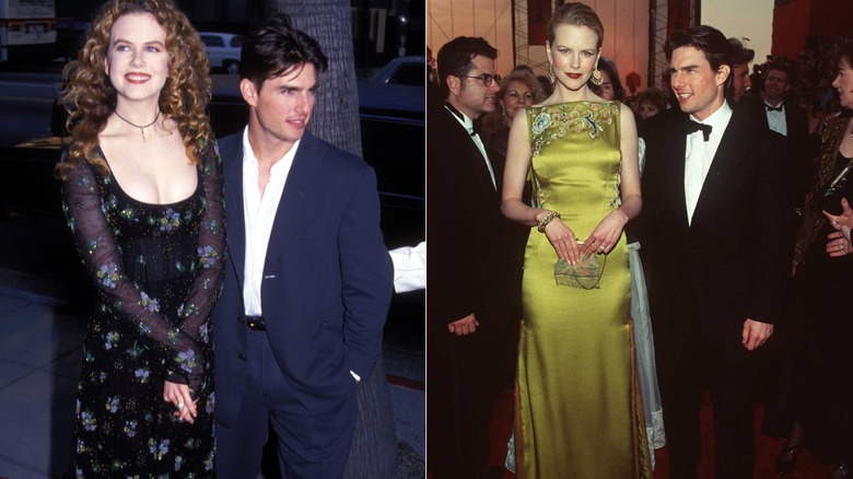 Nicole Kidman dans une robe noire à fleurs et Tom Cruise dans un costume bleu en 1993 à gauche et dans une robe jaune et un smoking noir lors d'un événement en 1997 à droite.