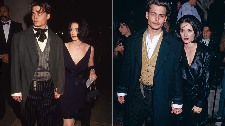 Winona Ryder dans une robe noire et Johnny Depp dans un costume de style gothique en 1991 à gauche et portant respectivement un trench-coat noir et un costume orné lors d'un événement en 1990 à droite.