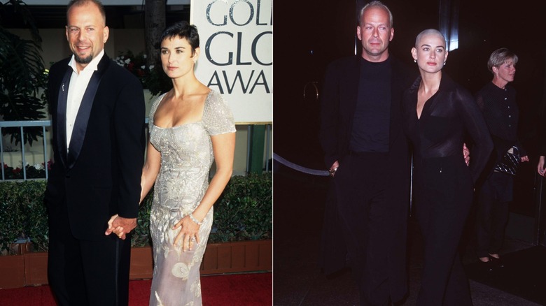 Demi Moore aux cheveux courts dans une robe argentée et Bruce Willis avec des poils sur le visage en smoking en 1995 à gauche et vêtu de noir à droite lors d'un événement en 1996.