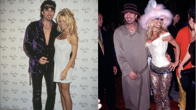 Pamela Anderson en robe blanche et Tommy Lee en violet et noir en 1996 à gauche et en tenues flamboyantes lors d'un événement en 1999 à droite.