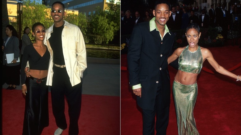 Jada Pinkett Smith portant une tenue deux pièces noire et Will Smith dans une tenue noire avec une veste blanche en 1996 à gauche et vêtu de tenues plus accrocheuses en 1997 à droite.