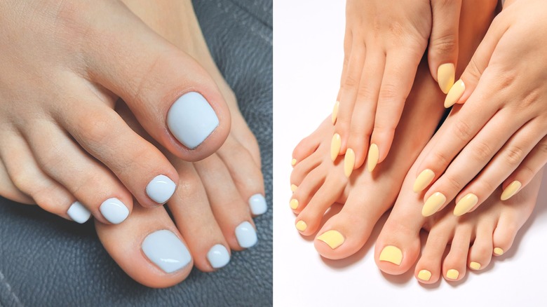 Pieds avec ongles bleu pastel et jaune