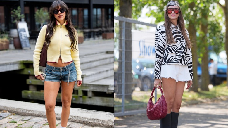 Femmes portant un mini short en jean avec une veste de sport et un mini short en jean blanc avec des bottes, une veste zébrée et un bandana