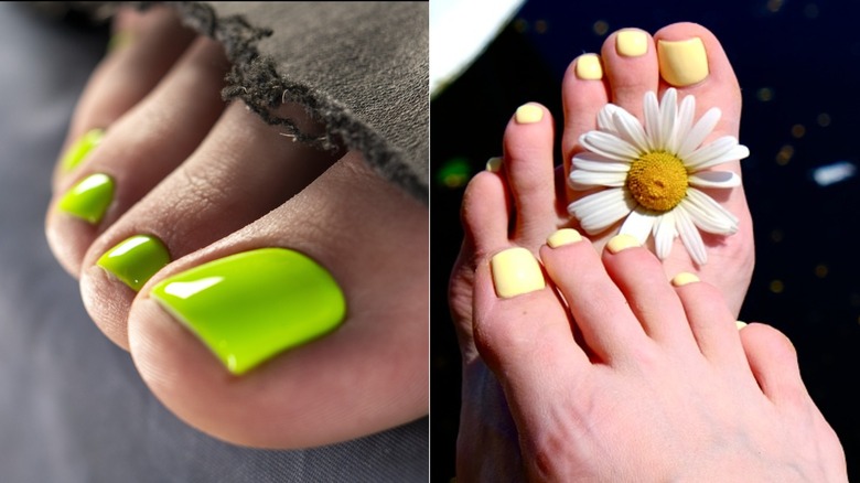 Une pédicure vert fluo et une pédicure jaune beurre