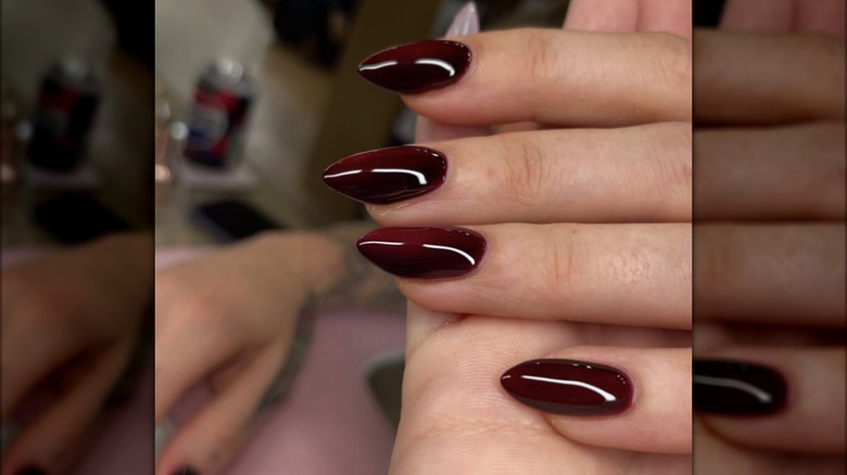 Une manucure griffes avec du vernis à ongles bordeaux foncé