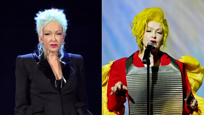 Cyndi Lauper portant un mulet vert pastel (L) et Cyndi Lauper portant des cheveux jaunes (R)