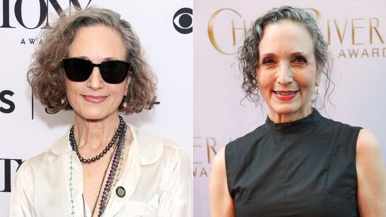 Photos de Bebe Neuwirth sur le tapis rouge en 2024 portant un chemisier blanc avec des colliers amusants et des lunettes de soleil noires sur la gauche et en 2026 portant un haut noir avec les cheveux relevés.