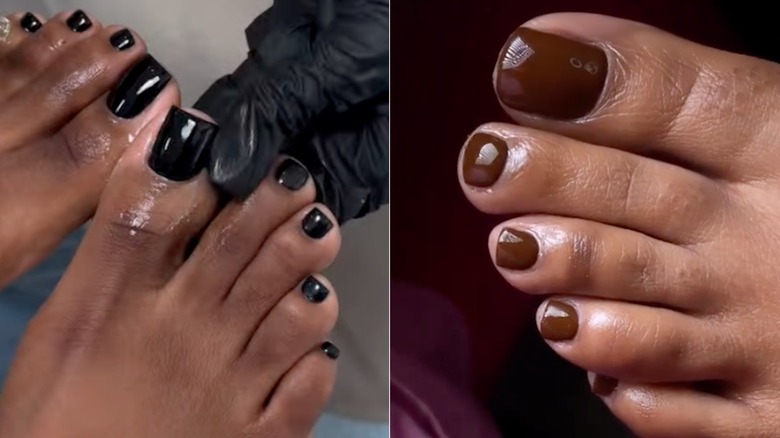Côte à côte : des pieds aux tons profonds avec des ongles noirs et marrons