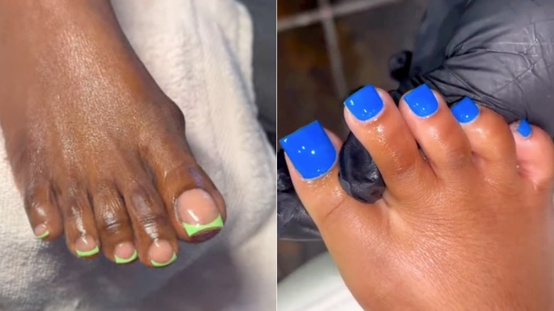 Côte à côte : des pieds aux tons profonds avec une pédicure française verte et des ongles en cobalt