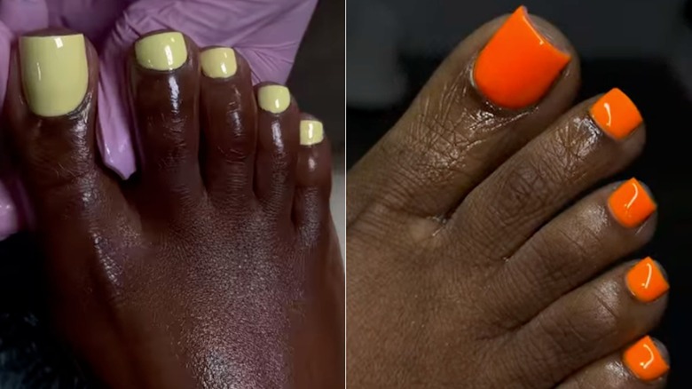 Côte à côte : pieds aux tons profonds avec des ongles jaune pâle et des ongles orange vif