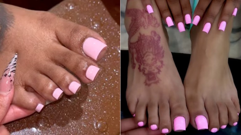 Côte à côte : Des pieds aux tons profonds avec des ongles rose clair et vif