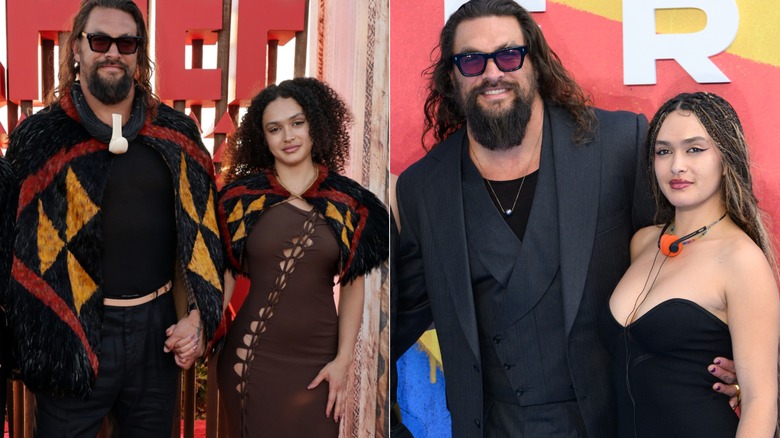 Lola Momoa posant avec son père Jason Momoa dans des tenues d'inspiration hawaïenne en 2025 à gauche et tous deux sur le tapis rouge en 2026 à droite.