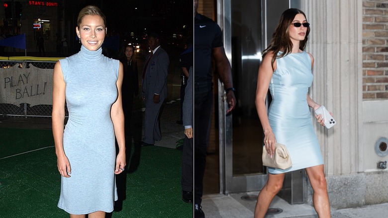 Jessica Biel sourit dans une robe midi grise à col roulé