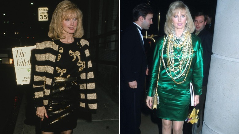 Morgan Fairchild dans une tenue noir et or à gauche et portant une robe vert métallisé avec de nombreux colliers dorés à droite.