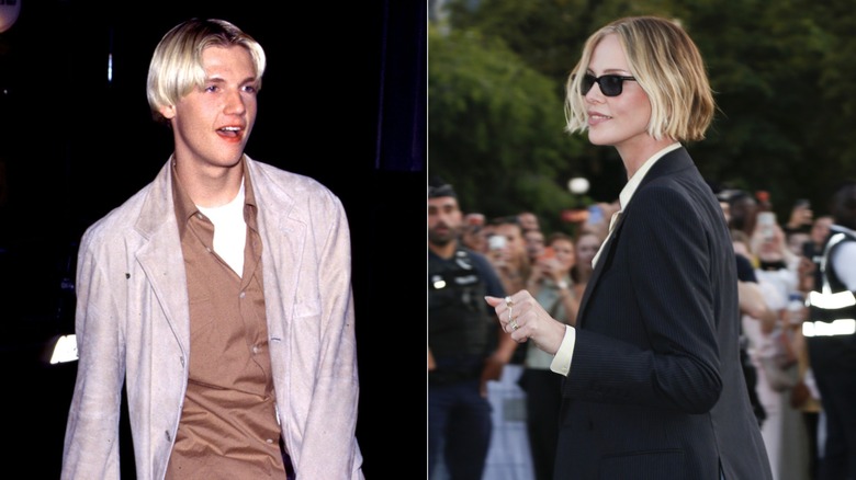 À gauche : Nick Carter pour une séance photo des Backstreet Boys en 1997. À droite : Charlize Theron arrive à 