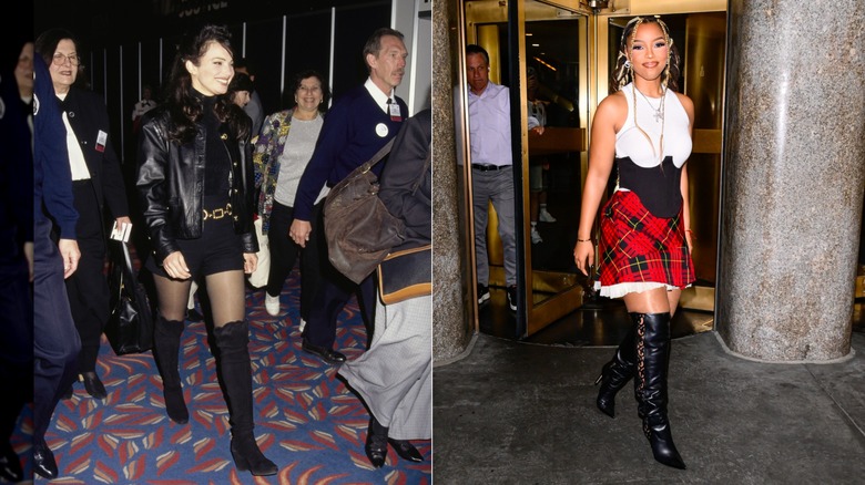 À gauche : Fran Drescher porte des bottes noires au-dessus du genou lors de la convention de la National Association of Television Program Executives de 1995. À droite : Chloe Bailey porte des bottes noires au-dessus du genou en quittant NBC Studio en juin 2026.