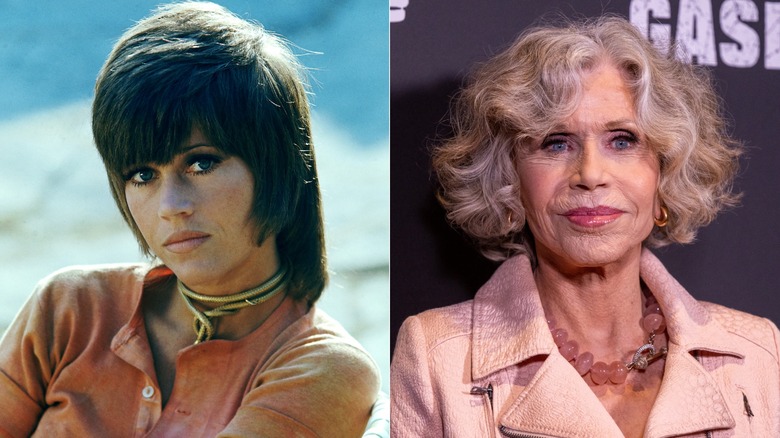 À gauche : Un portrait de Jane Fonda en 1971. À droite : Jane Fonda assiste à la première de 