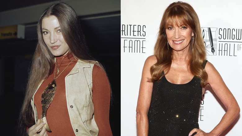 À gauche : Jane Seymour à l’aéroport d’Heathrow en 1974. À droite : Jane Seymour assiste au gala et à la cérémonie d’intronisation du Songwriters Hall of Fame en juin 2026.