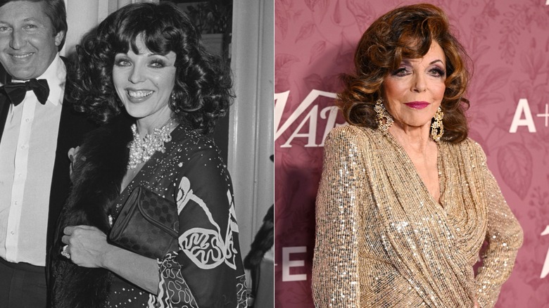 À gauche : Joan Collins et son mari Ron Kass en 1975. À droite : Joan Collins au 