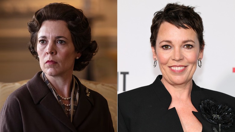Photos côte à côte d'Olivia Colman dans le rôle de la reine Elizabeth (à gauche) et dans son propre rôle sur le tapis rouge (à droite)