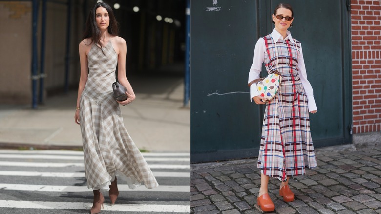 Danielle Smith portant une robe dos nu à carreaux beige et blanc à l'extérieur du défilé Kallmeyer lors de la Fashion Week de New York en septembre 2025 / Une invitée portant une robe à carreaux colorée et une chemise boutonnée blanche lors de la Fashion Week de Copenhague en août 2026