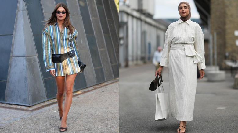 Une invitée portant une robe chemise à rayures vertes, bleues et blanches lors de la Fashion week de Copenhague en août 2026 / Une invitée portant une robe chemise blanche à fines rayures et un hijab marron lors de la Fashion Week de Copenhague en juillet 2026