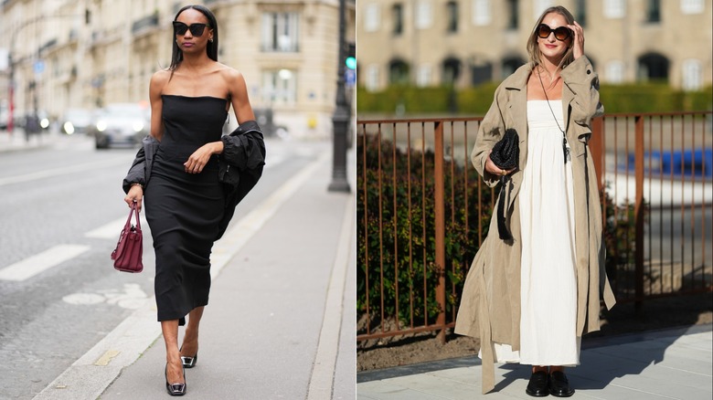 Emilie Joseph portant une robe moulante bustier noire et avec une veste et un sac bordeaux à Paris en avril 2026 / Une invitée portant une robe longue bustier blanche, un trench beige et des mocassins lors de la Fashion Week de Copenhague en juillet 2026