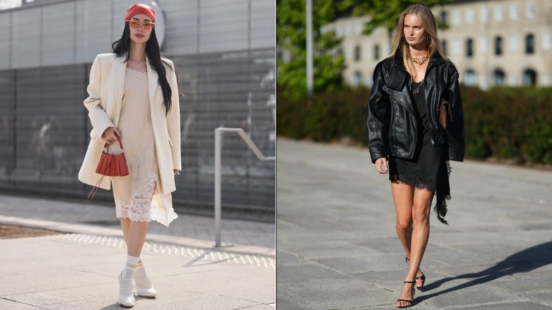 Heart Evangelista dans une robe nuisette crème et un blazer lors de la Fashion Week de Paris en mars 2026 / Une invitée portant une robe nuisette noire dans un jacker en cuir noir lors de la Fashion Week de Copenhague en juillet 2026