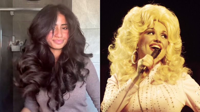 À gauche : une femme avec une coiffure rebondissante. À droite : Dolly Parton avec une éruption blonde vers les années 1970.