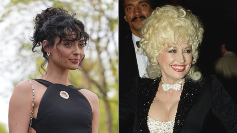 À gauche : une femme avec ses cheveux noirs et bouclés dans un chignon. À droite : Dolly Parton à la première de 
