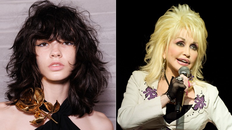À gauche : un mannequin arbore un mulet à plumes lors de la Fashion Week de Milan 2026. À droite : Dolly Parton se produit en 2010 avec une perruque mulet taquinée.