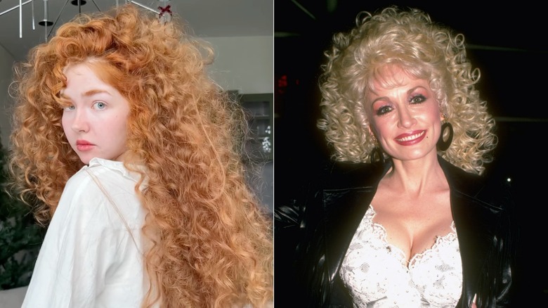 À gauche : Une femme aux longs cheveux bouclés. À droite : Dolly Parton avec des boucles serrées dans les années 1980.