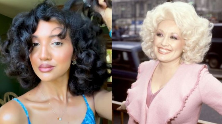 À gauche : Une femme aux cheveux courts et bouclés. À droite : Dolly Parton portant une courte perruque blonde, vers 1978.
