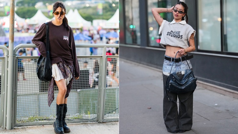 Une festivalière portant un sweat-shirt marron, une chemise en flanelle, une jupe en dentelle et des bottes lors de Lollapalooza Brazil à Sao Paulo en mars 2026 / Un invité portant un sweat-shirt court et un jean baggy patchwork lors de la Fashion Week de Paris en mars 2026
