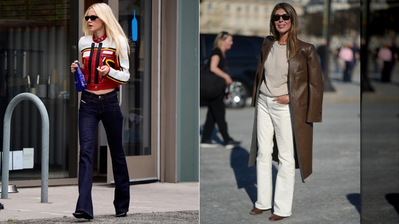 Le mannequin allemand Laura Abla en promenade en jean bootcut et veste de course à Los Angeles en juillet 2026 / Nina Garcia en jean bootcut crème, pull à col rond et trench-coat en cuir marron lors de la Fashion Week de Paris en mars 2026