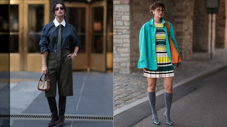 Marisa Lauren portant une chemise boutonnée et une cravate preppy avec une jupe-culotte vert olive et des bottes en daim marron / Irina Kro Eicke dans un haut en tricot rayé et une jupe plissée et une surchemise turquoise lors de la Fashion Week de Copenhague en août 2026