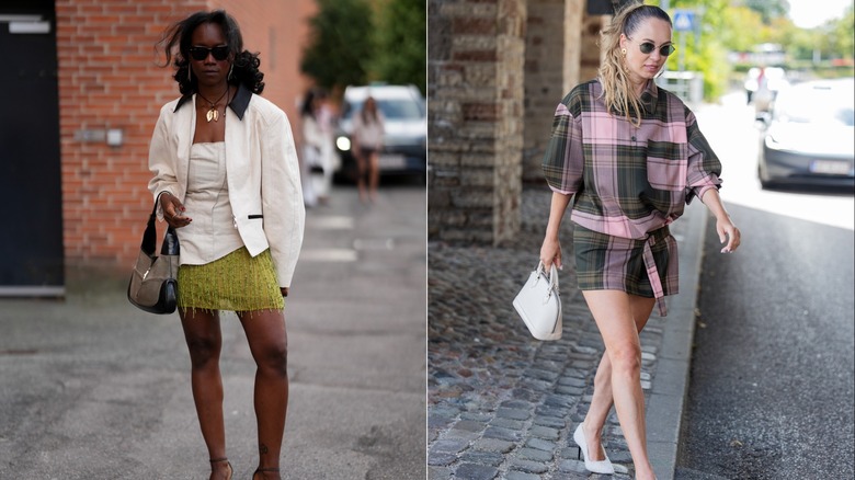Une invitée portant une mini-jupe à franges en perles vert pois avec un corset et une veste crème lors de la Fashion Week de Copenhague en août 2026 / Une invitée portant une mini-robe à carreaux roses et verts lors de la Fashion Week de Copenhague en août 2026