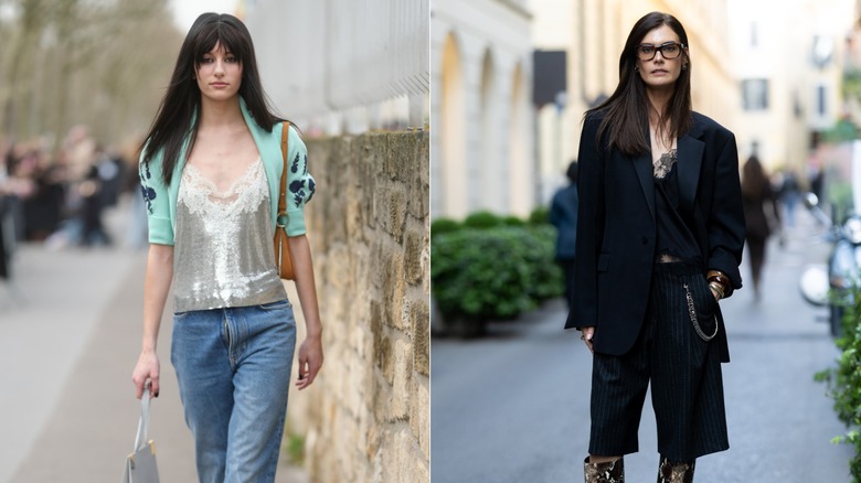 Une invitée lors de la Fashion Week de Paris portant une camisole à sequins bordée de dentelle et un cardigan vert menthe en mars 2026 / Une personne portant une camisole en dentelle noire et un blazer noir lors de la Design Week de Milan en avril 2026