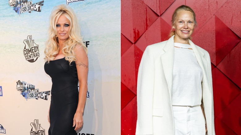 (à gauche) Pamela Anderson sourit en portant une robe noire (à droite) Pamela Anderson sourit en portant un pantalon blanc, un pull blanc et un blazer crème drapé sur ses épaules