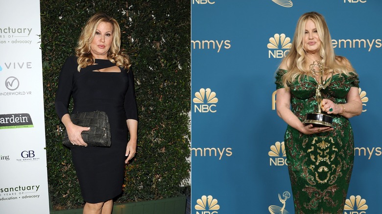 (à gauche) Jennifer Coolidge fait la moue en portant une robe noire (à droite) Jennifer Coolidge pose en tenant un Emmy Award, vêtue d'une robe en velours vert à épaules dénudées
