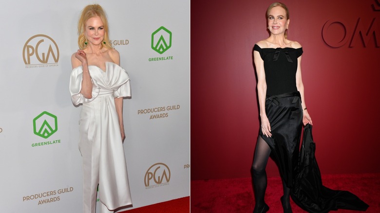 (à gauche) Nicole Kidman sourit en portant une robe blanche à épaules bouffantes. (à droite) Nicole Kidman pose en portant un haut noir et une jupe en satin.