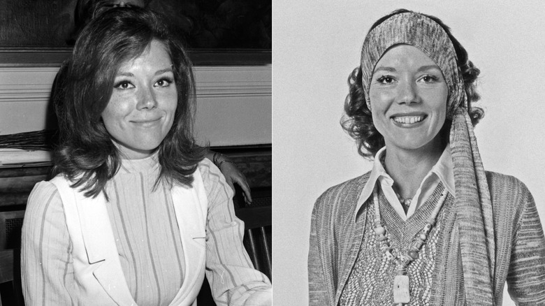 Diana Rigg dans les années 1960 avec les cheveux coiffés et en 1974 portant un foulard en tricot