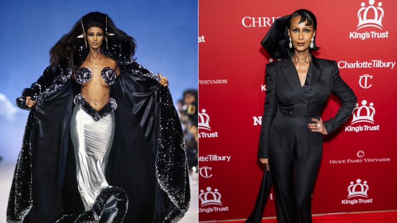 Une jeune Iman défilant sur le podium portant une jupe argentée et une cape noire / Une Iman plus âgée portant un costume noir