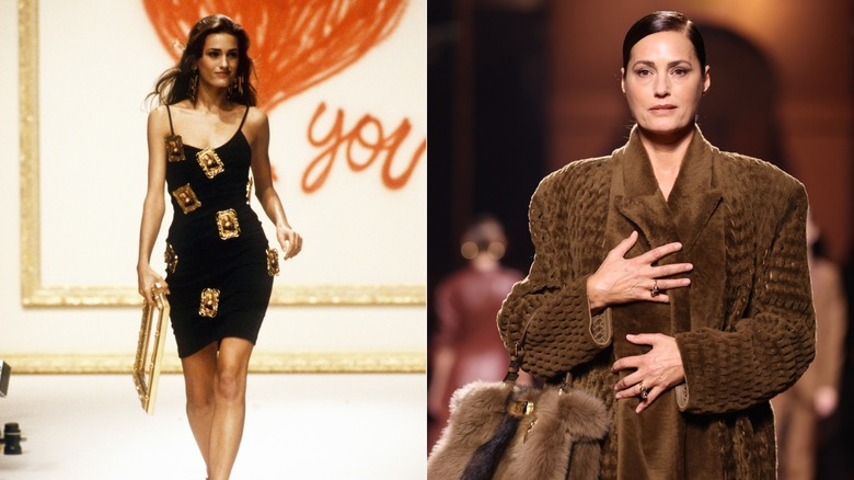 Une jeune Yasmin Le Bon portant une mini-robe noire sur le podium / Une Yasmin Le Bon plus âgée portant un manteau de fourrure marron