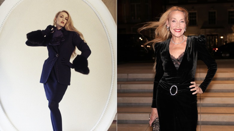 Un jeune Jerry Hall portant un costume bleu sur mesure / Un Jerry Hall plus âgé portant une robe en velours noir
