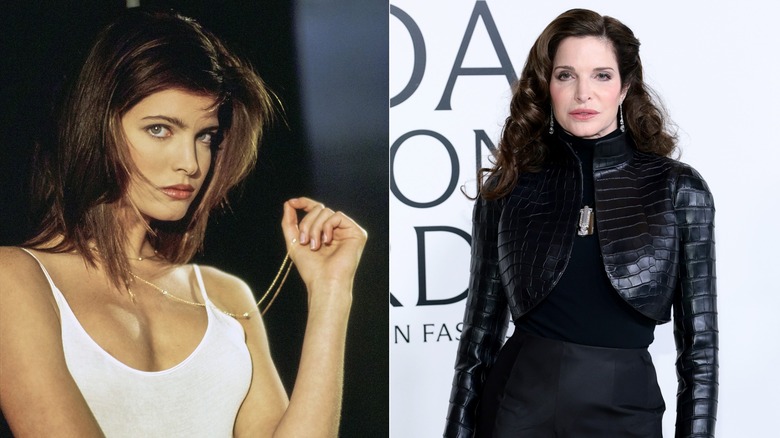 Une jeune Stephanie Seymour portant un gilet blanc / Une Stephanie Seymour plus âgée portant une veste en peau de serpent noire