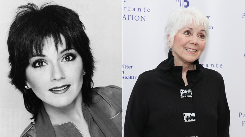 Portrait promotionnel de l'acteur américain Joyce DeWitt pour l'émission télévisée « Three's Company », 1978, à côté d'une photo d'elle sur le tapis rouge de 2024 avec des cheveux gris.