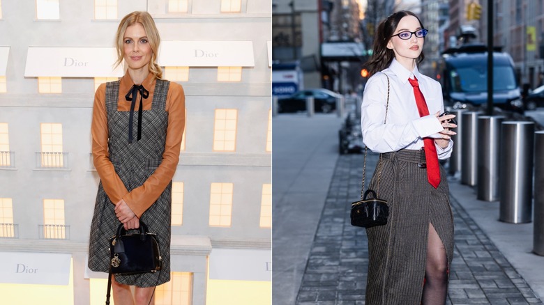 À gauche : Donna Air assiste à une soirée de lancement de Dior en 2016, vêtue d'une robe de style uniforme à carreaux et d'un nœud papillon. À droite : Dove Cameron portant une chemise blanche, une cravate rouge et une jupe à carreaux à New York en 2026.