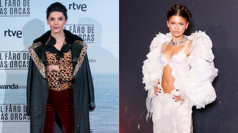 À gauche : l'actrice Irene Visedo porte un manteau bordé de fourrure et un pantalon en velours rouge à la première de 
