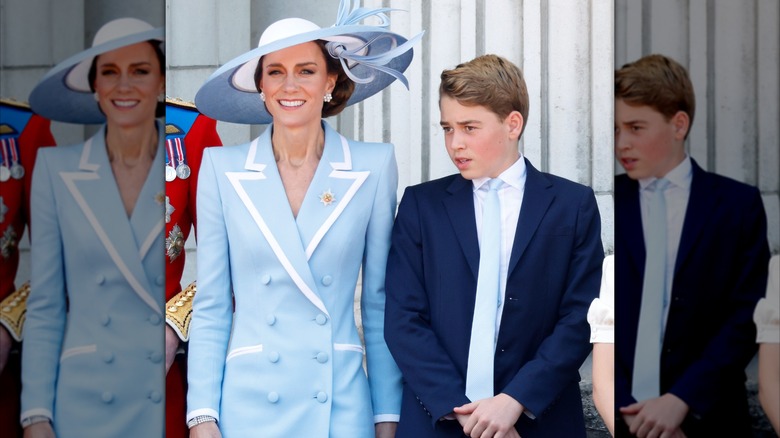 Kate Middleton portant une robe manteau bleue avec des bordures blanches et un chapeau à larges bords assorti à Trooping the Color 2026.